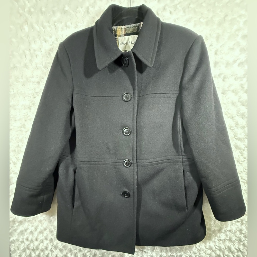 Charles Klein Womens Size 16P Black 100% WOOL Flannel Lined Vintage‎ Pea Coat